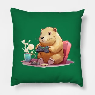 Kawaii Capybara play game in a room Pillow