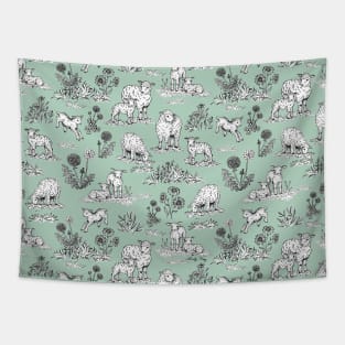 Sheep and Lambs on a Pasture Toile de Jouy (Pale Green) Tapestry