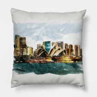 Sydney Australia Opera House Waterfront Watercolor Travel Painting Pillow