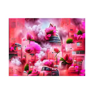 Beautiful Pink Flowers and City Art T-Shirt