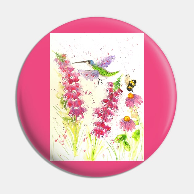 Colourful Hummingbird and a Bumblebee among Pink Flowers Pin by Casimirasquirkyart