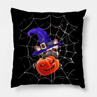 French bulldog, witch hat and Spider web, scary Halloween, jack pumpkin, spooky Pillow