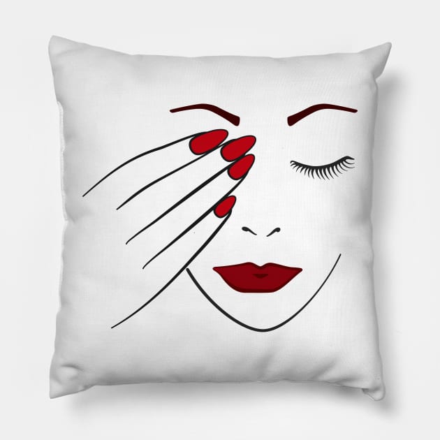 Womans Face Makeup And Painted Nails Pillow by THP Creative