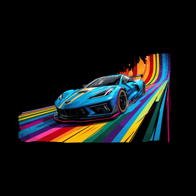 Rip Tide Blue C8 Corvette Supercar Racecar Muscle Car Rapid Blue Rainbow Road Corvette C8 by Tees 4 Thee