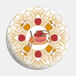 Rosh Hashana, Shana Tova! Pomegranate Mandala, apples and honey for Jewish New Year Pin