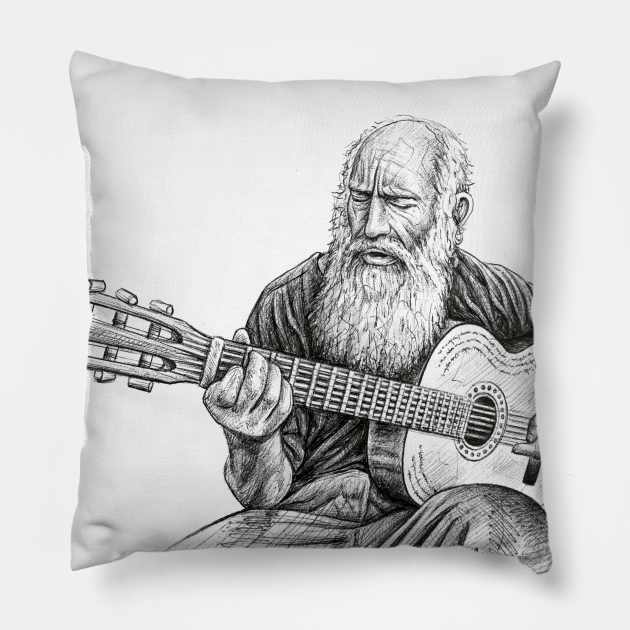 Old man guitar drawing Pillow by benheineart