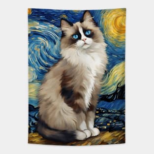 Adorable Ragdoll Cat Breed Painting in a Van Gogh Starry Night Art Style Tapestry