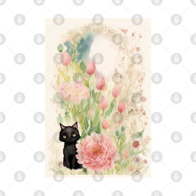 Black Kitty in Flower Garden Soft Pastel Colors by Stades