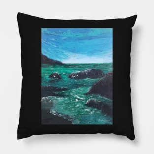 Emerald Bay oil painting by tabitha kremesec Pillow