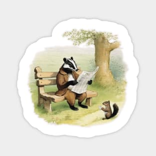 badger sitting on a bench reading a newspaper Magnet