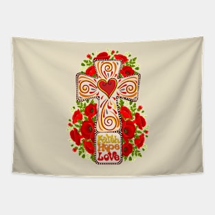 Christian Christ Cross and Flowers Tapestry