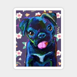 Cute BLACK PUG PUPPY with Vintage Flowers by Robert Phelps Magnet