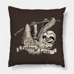 Three Toed Sloth with Latin "Festina Lente" Pillow