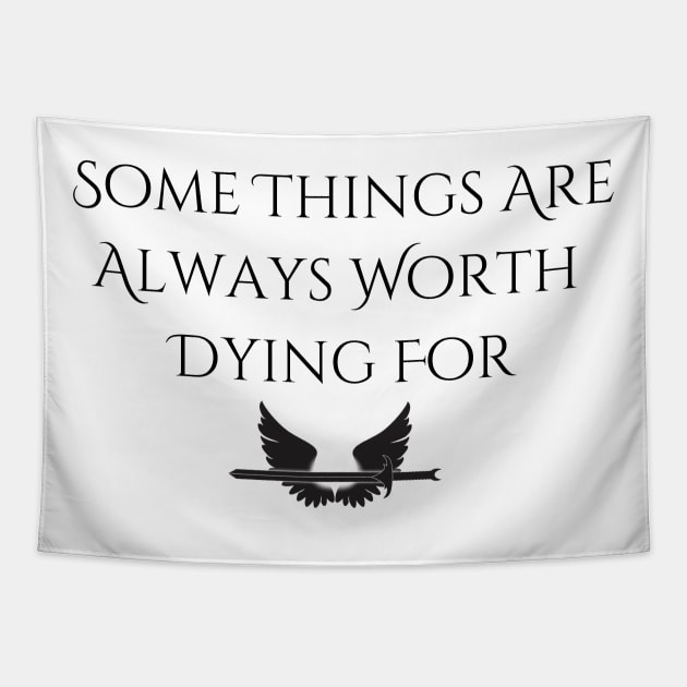 "Worth Dying For" Wings--Series Quote, Fire & Brimstone Scrolls Tapestry by Nikole Knight