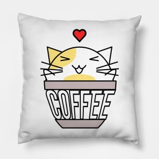 Happy cat in coffee cup with warped text heart on head yellow Pillow