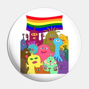 Halloween gay pride celebration. Group of cute alien monsters with lgbtq rainbow flag. Pin