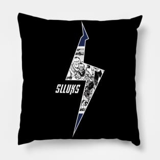 ink-pencil flashing lights with Slluks brand logo icon Pillow