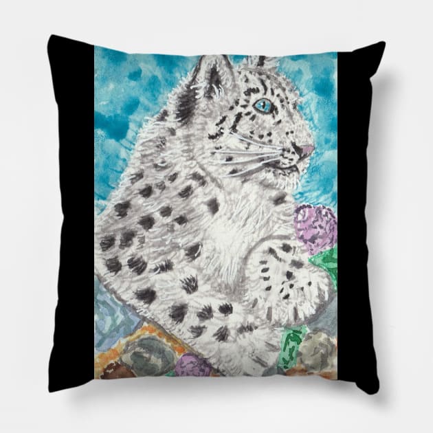 Snow leopard cat Pillow by SamsArtworks