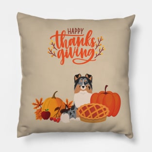 Cute Sheltie with Orange Happy Thanksgiving Sign and Holiday Pie and Pumpkin Pillow