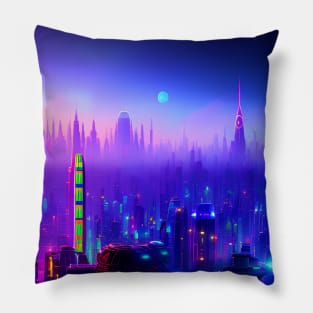 Ai Generated Art Scenery - Futuristic City Skyline With Neon Street Lights And Blue Moon Pillow