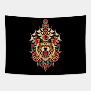 Traditional Tattoo cat rose Tapestry