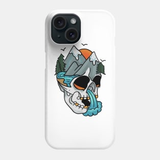 Tattoo Art Skull With Lake, Waterfall, Sunset and Mountains Phone Case