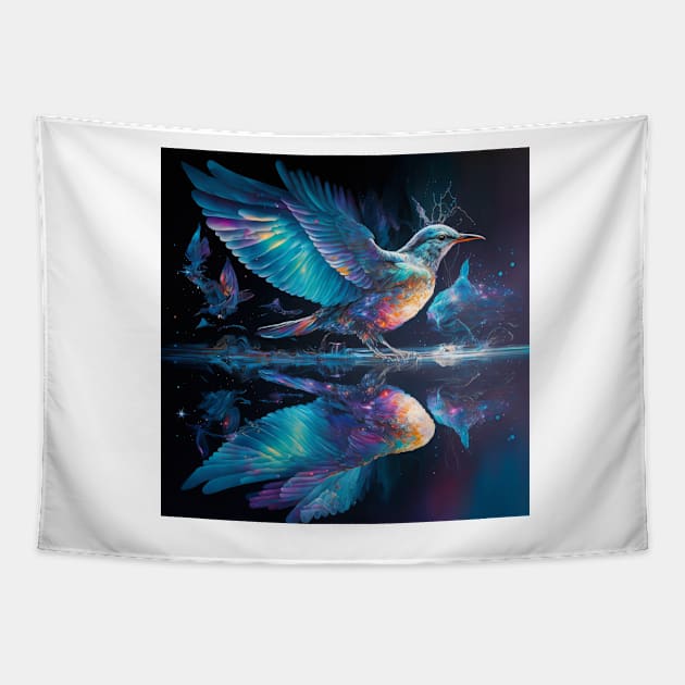 colorful bird reflection Tapestry by kiwimick