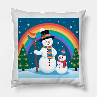 Two cute snowman, rainbow in the snow Pillow