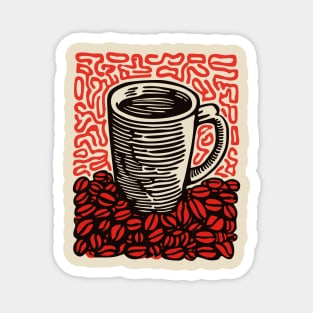 Linocut Coffee Cup & Beans Art for Kitchen Decor Gift Magnet