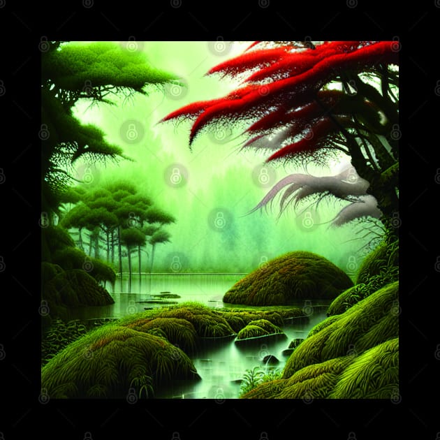 Digital Painting Scene Of a Lake Under A Variety Of Colorful Plants, Amazing Nature by Promen Art