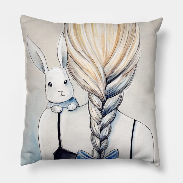 Drawing White Rabbit and Girl Pillow by Olya Yatsenko