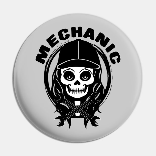 Female Mechanic Skull and Spanners Black Logo Pin by Nuletto