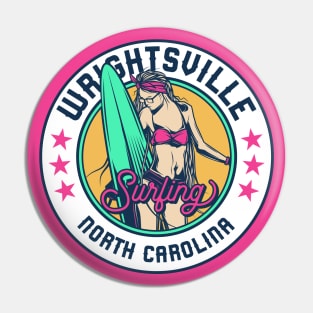 Retro Surfer Babe Badge Wrightsville North Carolina Pin