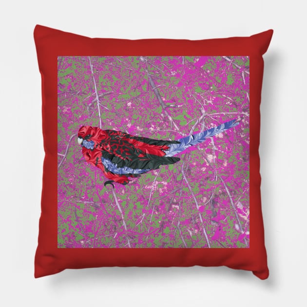Marbled Bird Collage - Crimson Rosella #2 Pillow by MarbleCloud