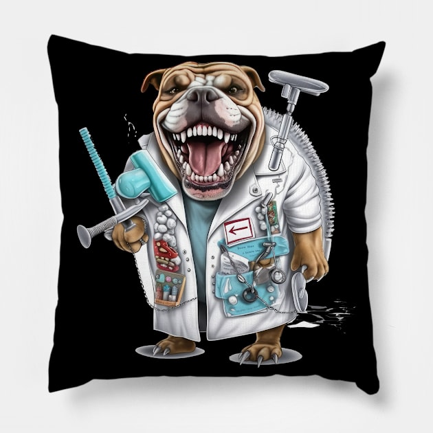 an English Bulldog wearing a dentist's coat and holding a dental drill Pillow by teestore_24