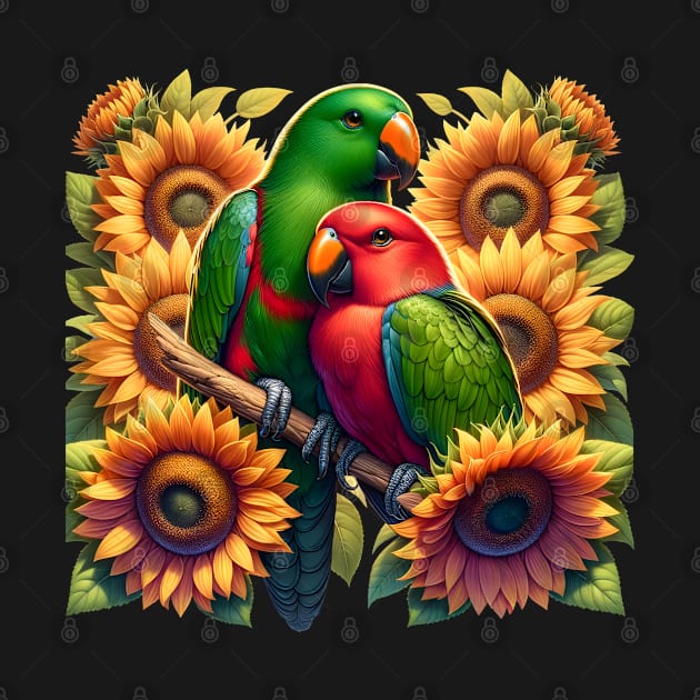 Eclectus Parrots Couple Male and Female with Sunflowers by NUMAcreations