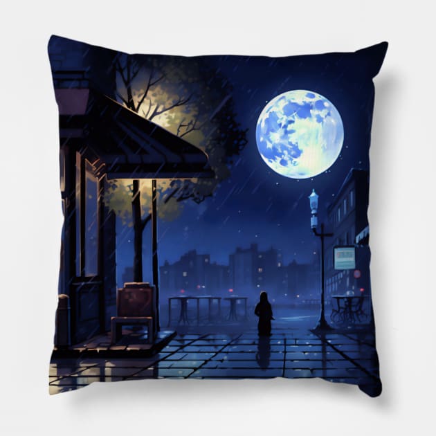 32-bit pixel art Blue Moon Cafe on Rainy Night Pillow by Saypan Arts