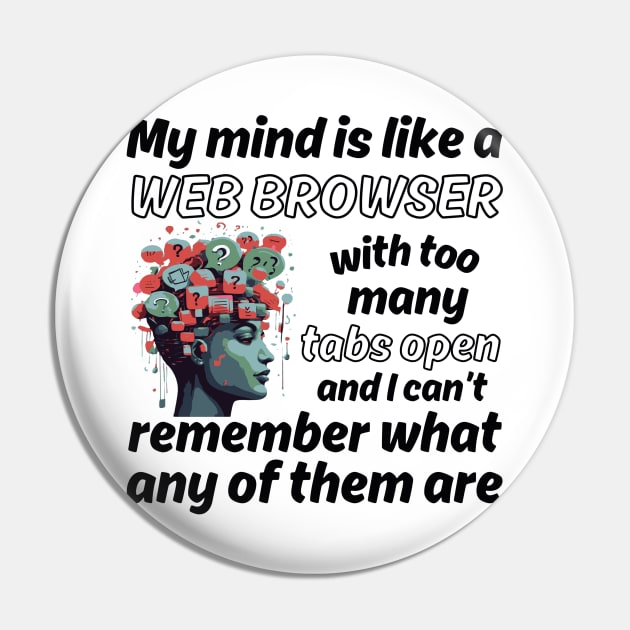 My mind is like a Web Browser with too many tabs open - black pattern Pin by Angela Whispers