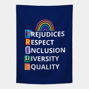 Pride word from capitals of 5 words and rainbow, for dark background Tapestry