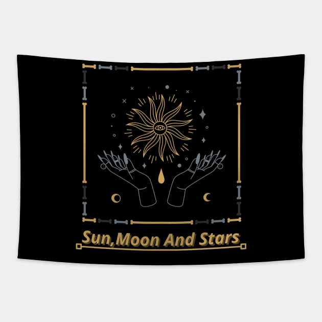 Spiritual Sun,Moon and Stars Hands Holding The Sun Design Tapestry by SehliBuilder