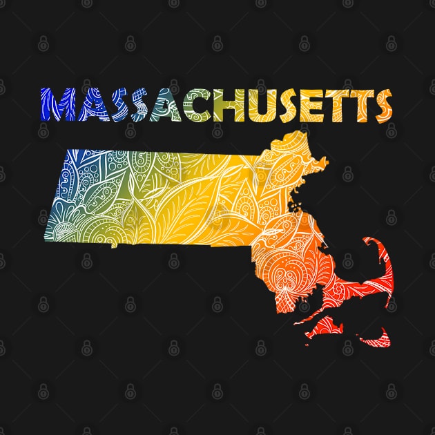 Colorful mandala art map of Massachusetts with text in blue, yellow, and red by Happy Citizen