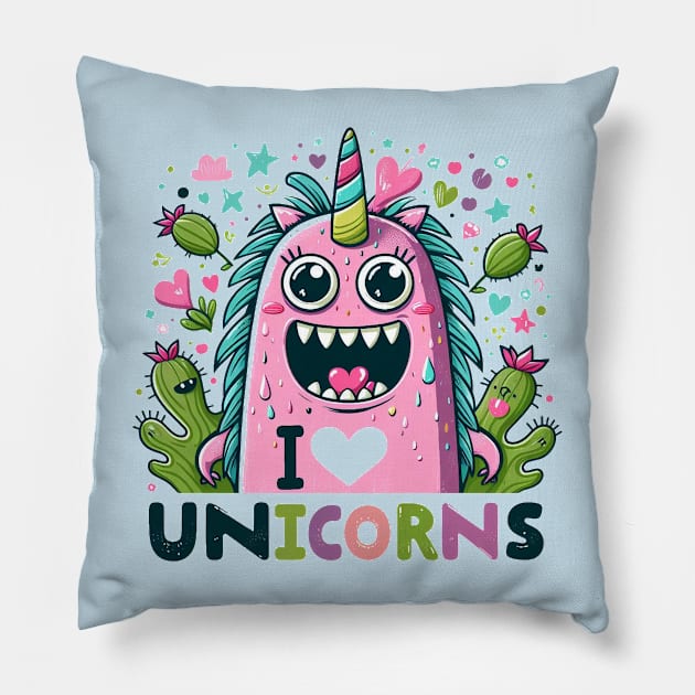 I Love Unicorns Cute Monster Aesthetic Pillow by TeeTrendz