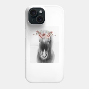 Icelandic Horse Portrait with Flowers, black and white Phone Case