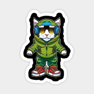 Paws & Playlists: Stylish Cat with Green Hoodie, Sunglasses, and Blue Headphones Magnet