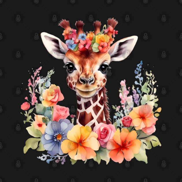 A baby giraffe decorated with beautiful watercolor flowers by CreativeSparkzz