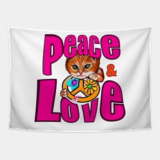 Peace and love peace sign flower child hippie cat Tapestry