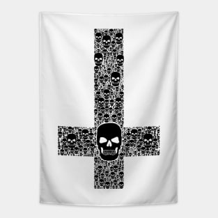 Upside down Cross made of skulls, black Tapestry