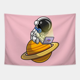 Cute Astronaut Playing Laptop On Planet Cartoon Tapestry