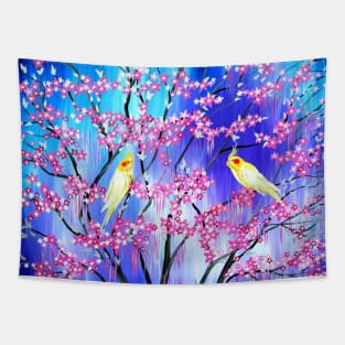 Cherry Blossom and Yellow Parrots Tapestry