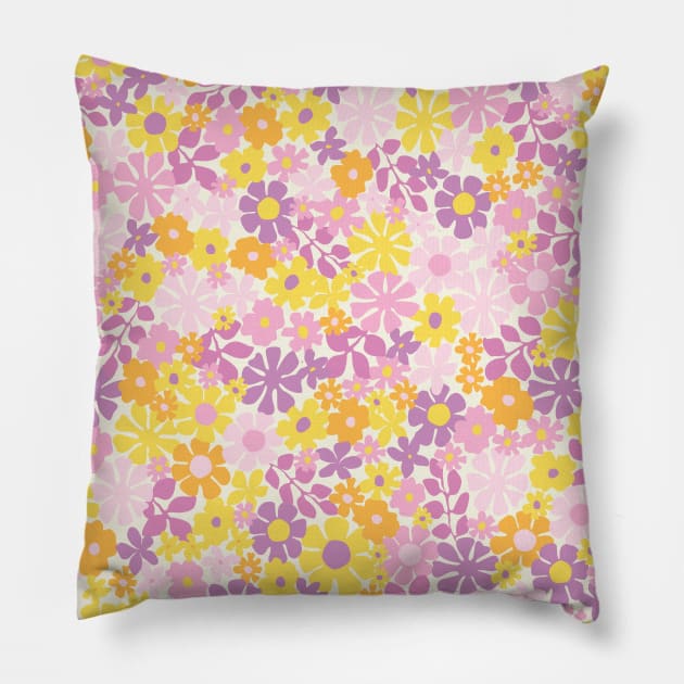 RETRO FLORAL PATTERN 70S  GROOVY PEACH PINK PURPLE YELLOW ORANGE FLOWER MARKET SCANDINAVIAN MEADOW MIDSOMMAR Pillow by blomastudios